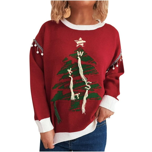 successthop Christmas Ugly Sweater Women Knit Long Sleeve Tops Crewneck Pullover Knitwear Ribbed Cuff Print Clothes Red