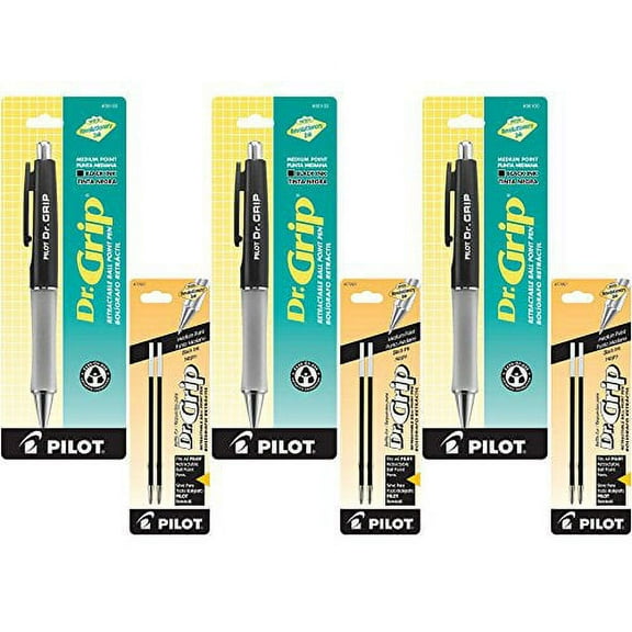 Pilot Dr. Grip Retractable Ballpoint Pen, Medium Point, Black Barrel with Black Ink, 3 Pens (36100) with 6 Black Ink Refill