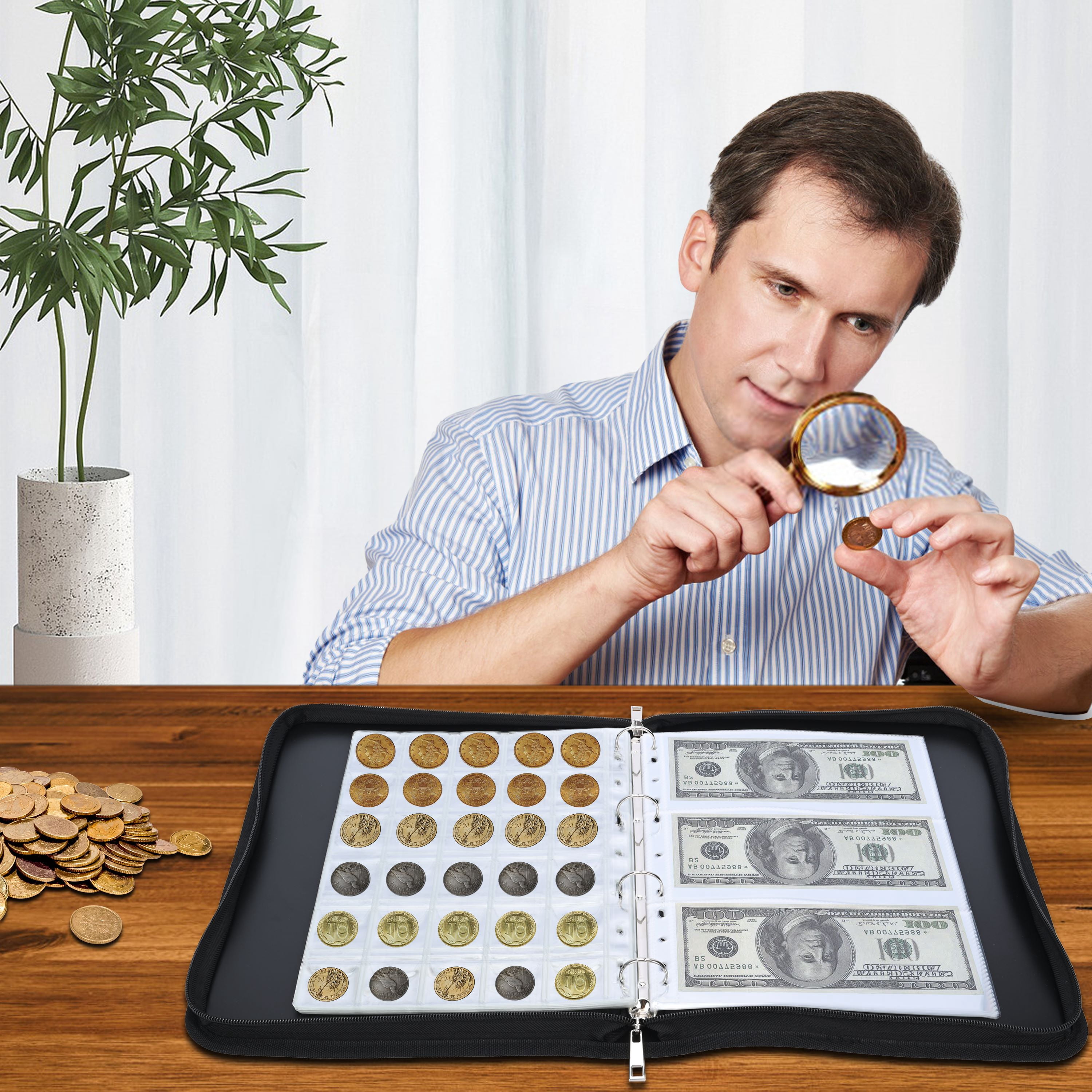 Gomok Coin Collection Book Holders, 300 Pockets Fireproof Coins Collection Album & 36 Sleeves Paper Money Display Storage Case