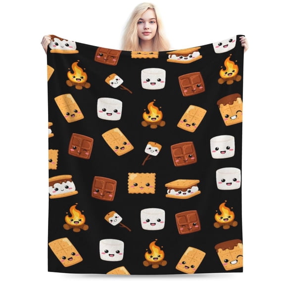 Cute S'Mores Blanket Marshmallow Cookie Blanket Black Soft Plush Fuzzy Flannel Fleece Throw Blanket for Couch Food Blanket 50x40