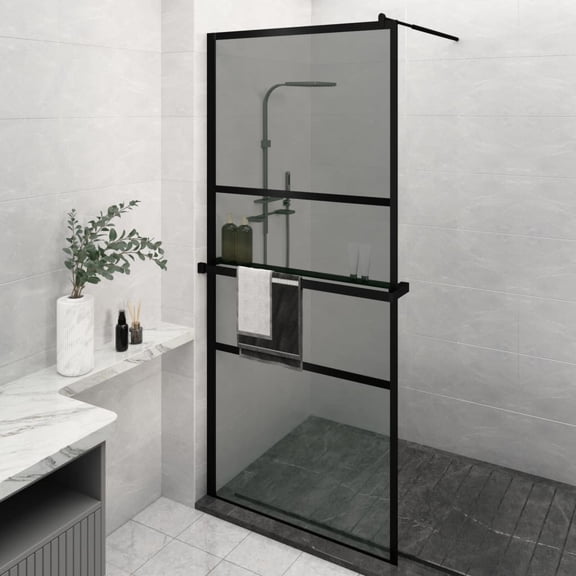 vidaXL Walk-in Shower Wall with Shelf Black 35.4"x76.8" ESG Glass&Aluminum