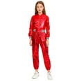 thumbnail image 3 of Hansber Kids Boys Girls Shiny Metallic Long Sleeve Bomber Jacket with Pants Hip Hop Jazz Dance Outfit Red 6, 3 of 7