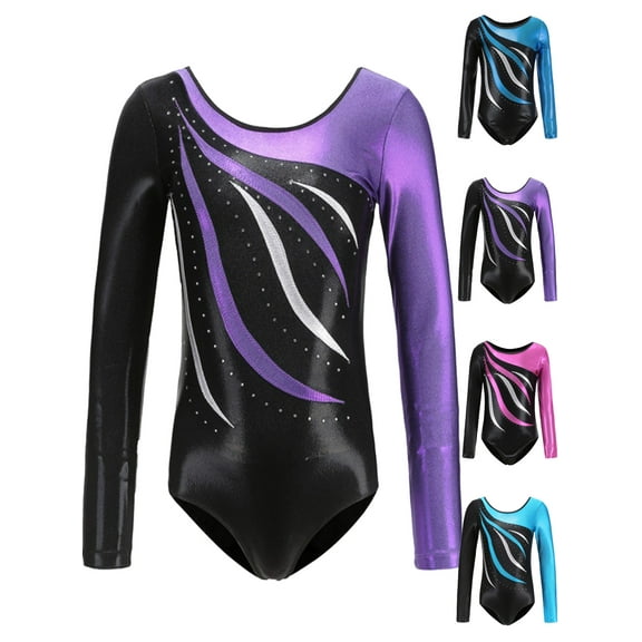 BULLPIANO 5-13Y Leotard for Girls Gymnastics Ballet Dance Leotard Long Sleeve Shiny Sparkle Unitards Activewear