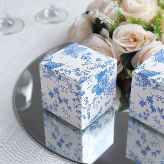 Efavormart 25 Pack White Blue Chinoiserie Floral Print Paper Gift Boxes, Cardstock Party Shower Candy Favor Boxes - 3"x3"x3"