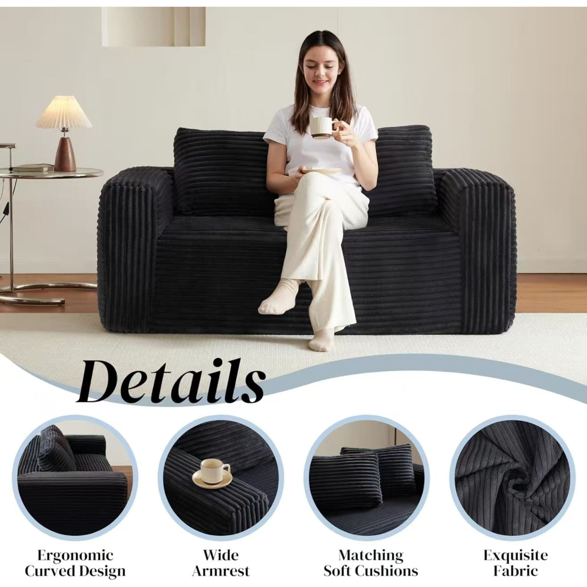 HOQBN 63 Inch Loveseat Sofa,Upholstered Compressed Couch with High-Density Foam Cushion,Corduroy No Frame 2-Seat Loveseat,Comfortable Floor Sofa for Bedroom,Office,Living Room,Small Spaces,Black