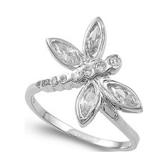 Glass Wings Dragonfly Cubic Zirconia Ring Sterling Silver 925 Size 5