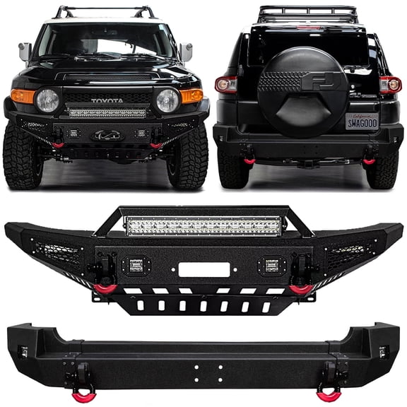 Vijay Compatible with 2007-2008-2009-2010-2011-2012-2013-2014 Toyota FJ Cruiser Front and Rear Bumper Textured Black Steel with 4xD-rings and 7xAluminum LED Lights