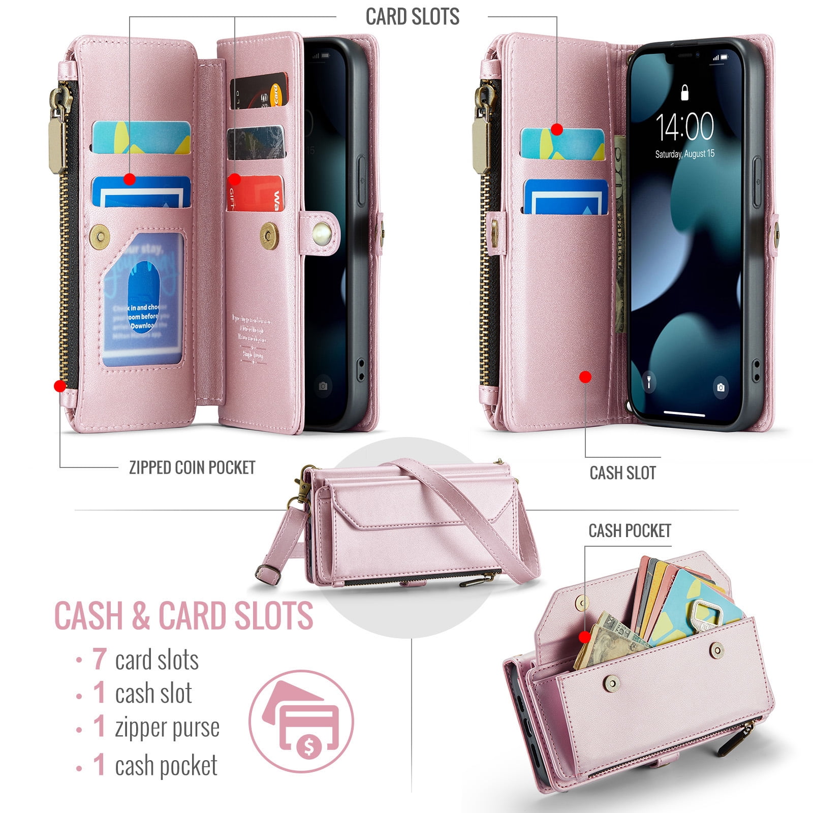 Asuwish Compatible with iPhone 15 Pro 6.1 inch Zipper Wallet Phone Case Tempered Glass Screen Protector Crossbody Lanyard Strap Flip Card Holder Slot Cell Cover for i Phone15 15 15Pro Women Rose Gold