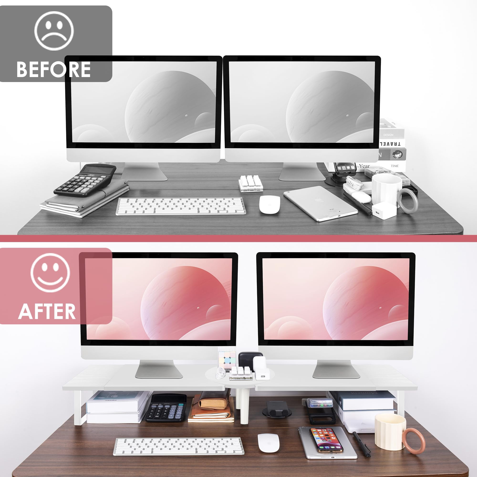 Dual-monitor Stand For Desk - Large Adjustable Length And Angle Riser 2 Monitors  Double Computer Desktop Organizer Shelf Tv Laptop Printer