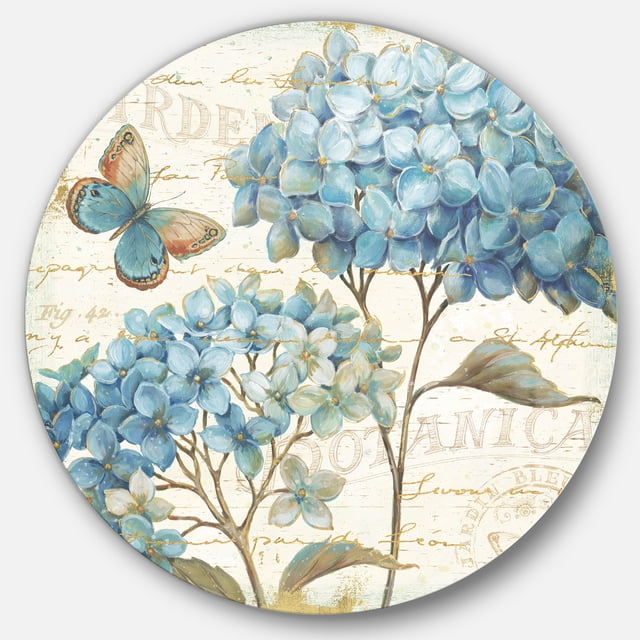 Designart 'papillon Jardin Bleu II' Art Mural Rond en Métal Style Ferme - Disque de 36