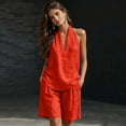 thumbnail image 4 of Women Linen Sets 2 Piece Outfits, Minimalist Halter Neck Top and High Waisted Wide Leg Short Pants Travel Matching Set, 4 of 6