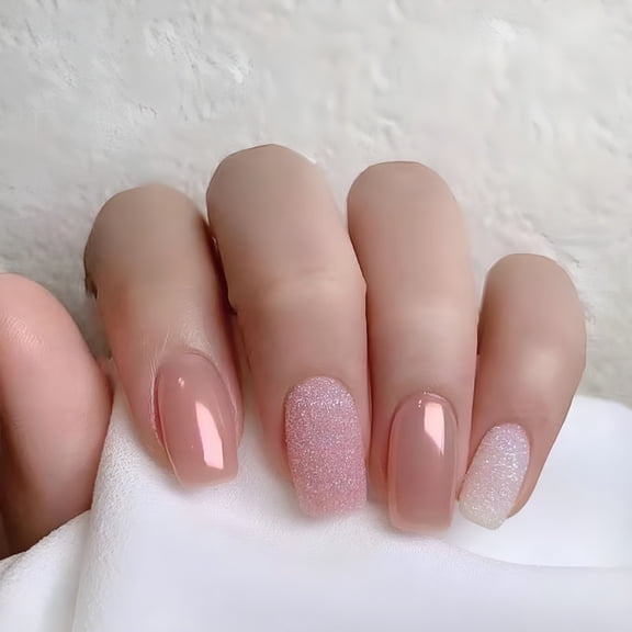 RAGUPEL Square Short Medium Press on Nails Tips Full Cover Fake French Blue Black Pink Rainbow White Rhinestones Summer Uñas Postizas 24 Ct/Pk
