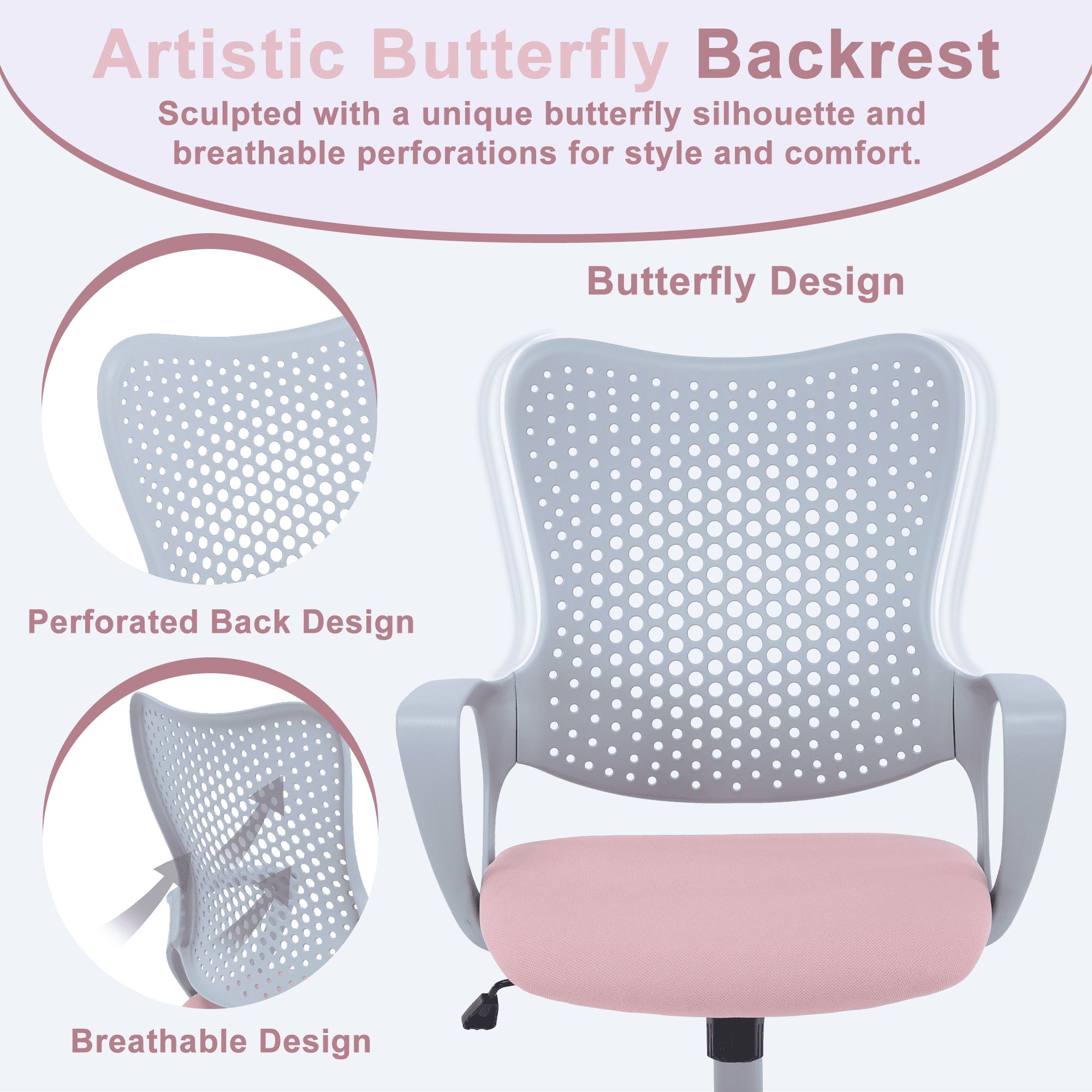 ENYLAY Ergonomic Office Chair, Breathable Mesh Computer Desk Chair with Armrests & Rolling Swivel, Butterfly Back Design Task Chair for Home Office, Adults Teens (Pink)