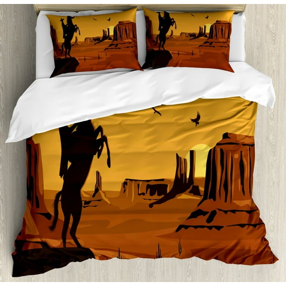 Western Queen Size Duvet Cover Set, Cartoon Illustration of Wild West Scene Cowboy in Sunset, Decorative 3 Piece Bedding Set with 2 Pillow Shams, Burnt Orange Apricot and Dark Brown, by Ambesonne