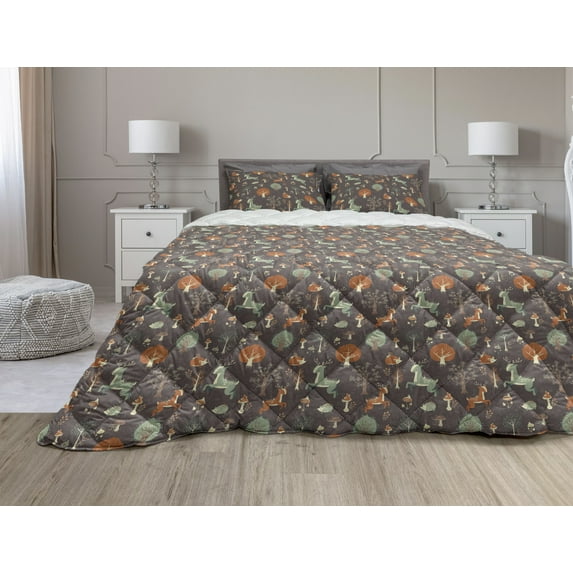 Folk Art Comforter & Sham Bedding Set, Abstract Magic Forest Cartoonish Design with Hedgehog Deer Mushrooms and Trees, 3 pcs Duvet Set Microfiber Filling Quilt, 5 Sizes, Multicolor, by Ambesonne