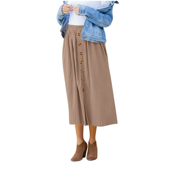 Mgmyaa Women's High Waist Elastic Waist Pleated A-Line Swing Skirt Front Button Midi Skirts