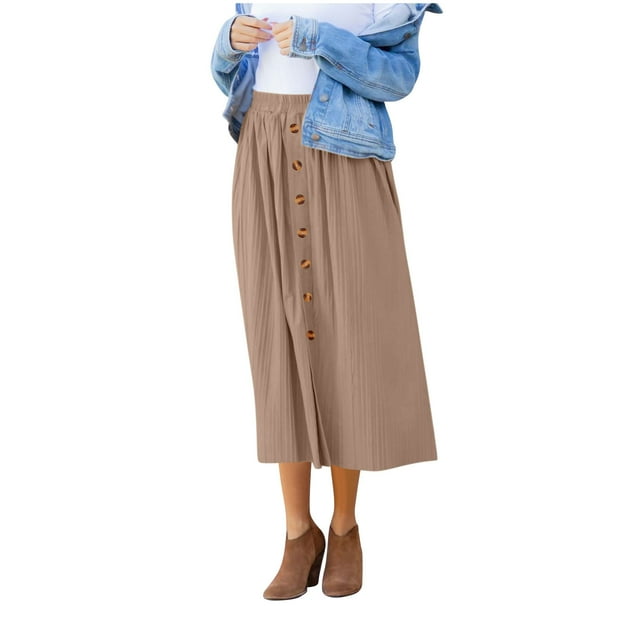 Cinvoph Womens Button Midi Skirts Casual Vocation Holiday Skirt High Waist Elastic Ruffle Flowy Skirts