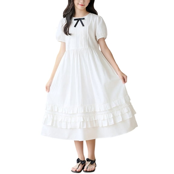 BFHHYA Girls Summer Maxi Dress Puff Short Sleeve A-Line Flowy Dress Casual Sundress with Ruffle Hem for Teens Girls 8-14 Y