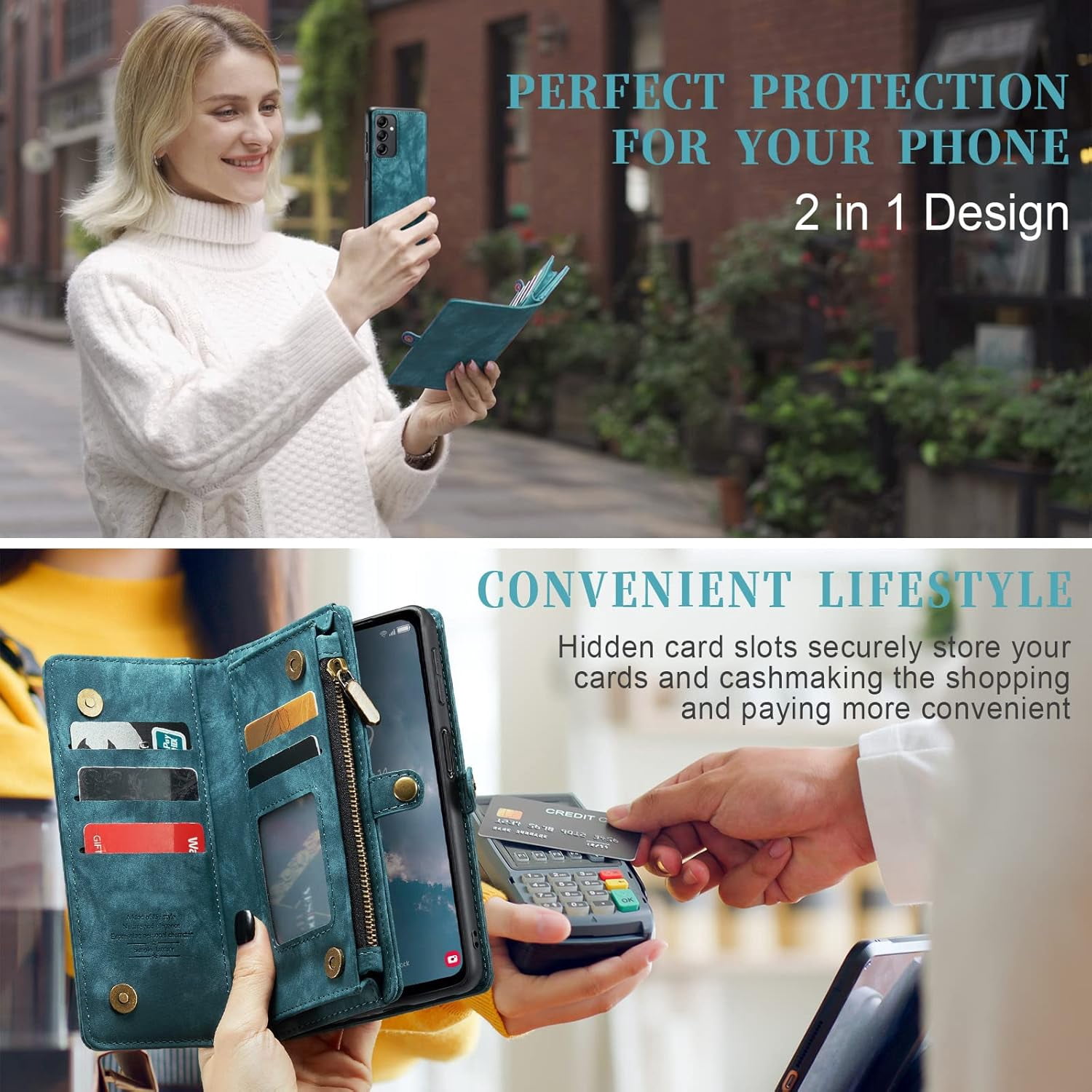 Phone Case for Samsung Galaxy A14 5G Zipper Wallet Detachable Cover with Tempered Glass Screen Protector and Leather Flip Credit Cash Card Holder Cell Accessories A 14 4G 14A G5 Women Men Blue