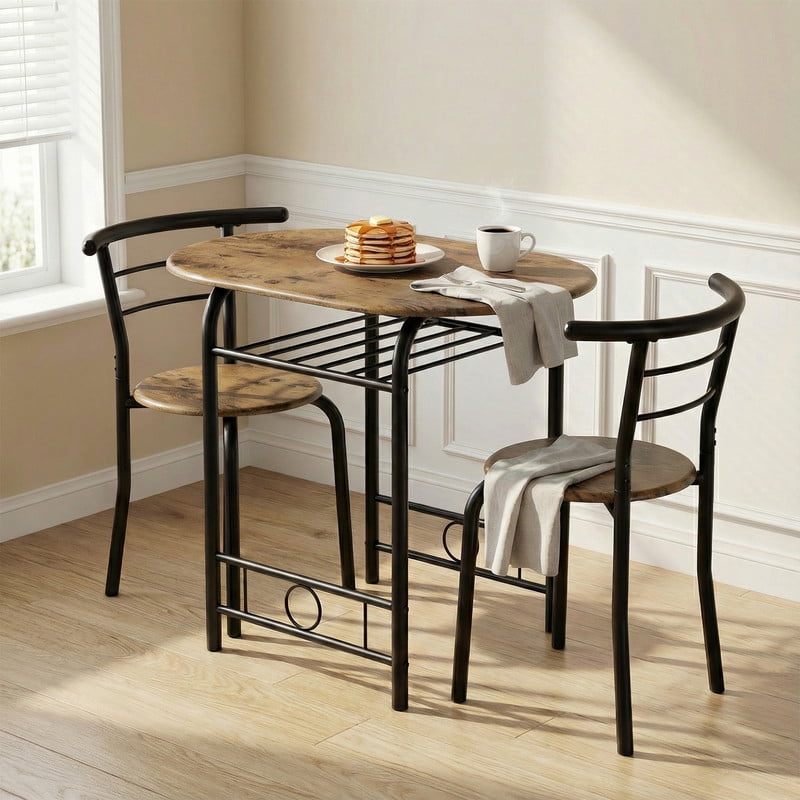 Vineego 3-Piece Dining Set for 2,Small Space Saving Kitchen Breakfast Table and 2 Wooden Chairs,Brown