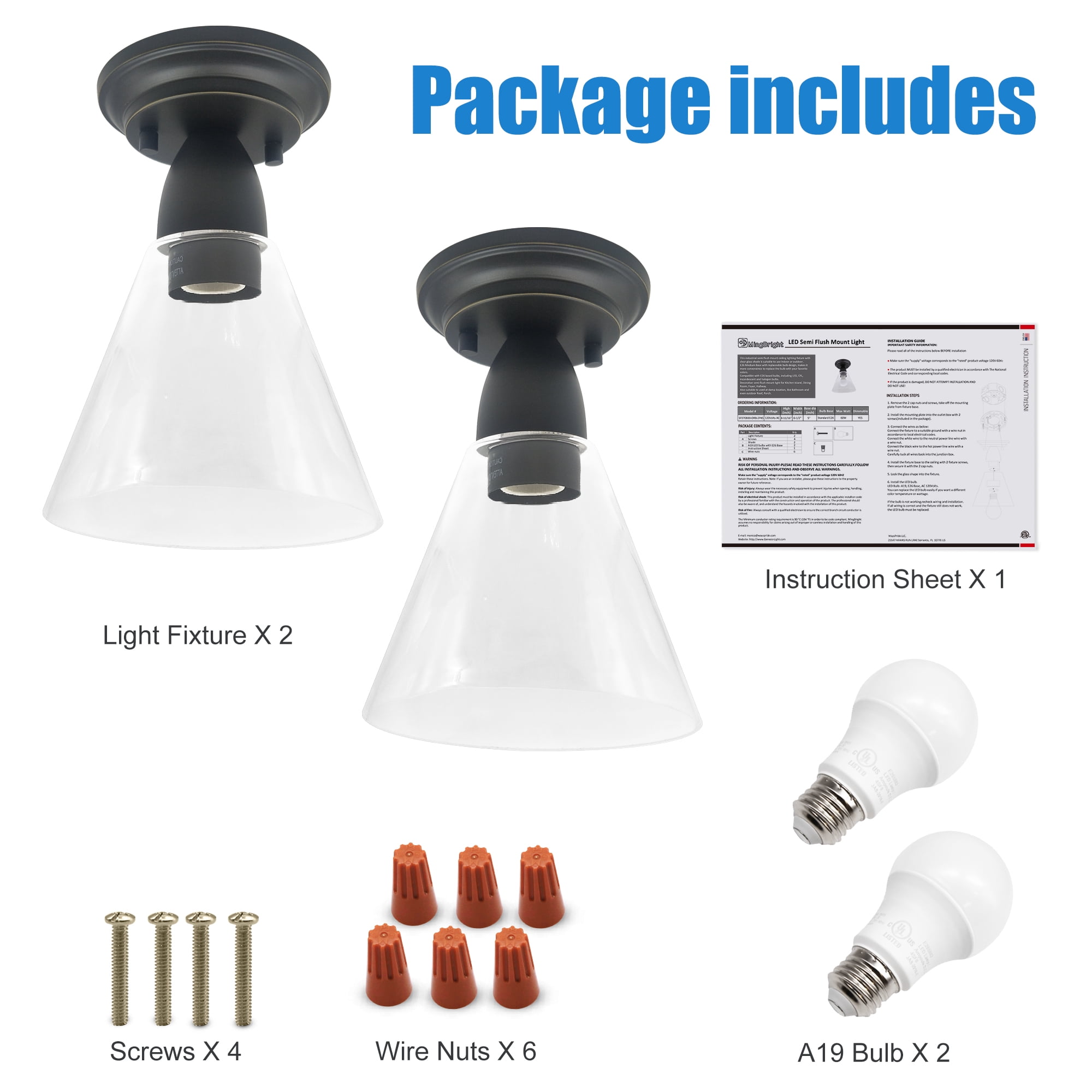MingBright 2 Pack Semi Flush Mount Ceiling Light, Porch Pendant Light Fixtures, 4000K Natural White, Perfect For kitchen, Bathroom, Living rooms, Dining Rooms, Corridors, Hallways