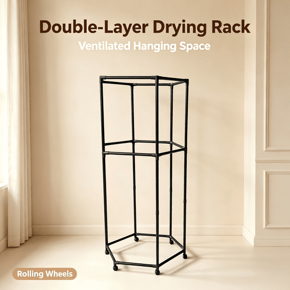 Double-Layer Drying Rack, Heavy-Duty Full Carbon Steel Freestanding Clothes Drying Rack, Multi-Zone Hanging & Drying Rack With Lockable Wheels, Portable Laundry Storage Organizer For Bedroom, Laundry
