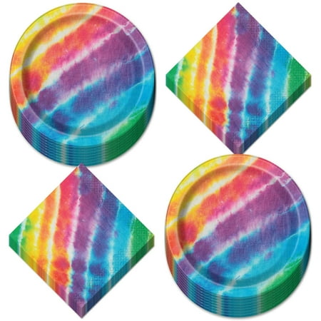 Home & Hoopla Disposable Tie Dye Party Supply Sets, Paper Rainbow Hippie, 5.9 oz, 32 Count