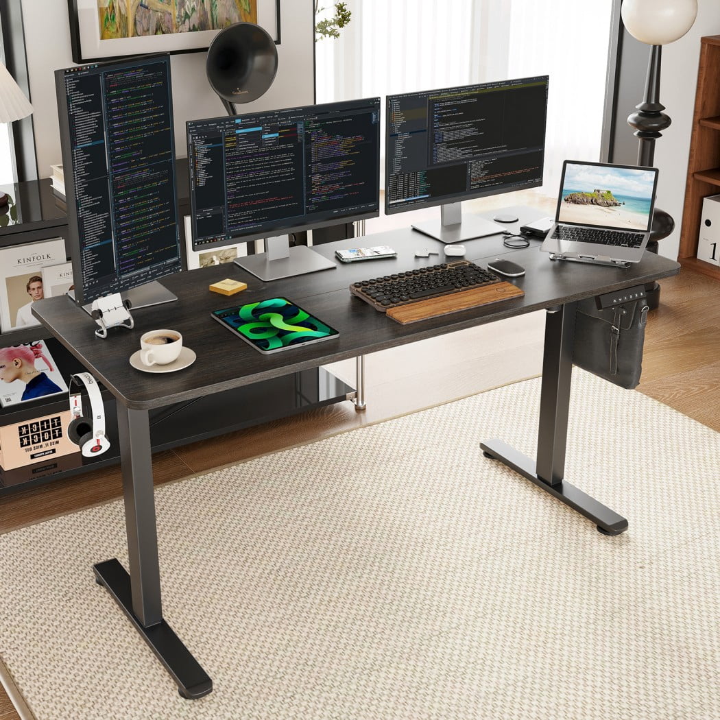 Electric Standing Desk, 56" x 24" Height Adjustable Sit Stand Desk with Splice Board, Carbon Steel Frame, 4 Memory Presets for Home Office, Walnut