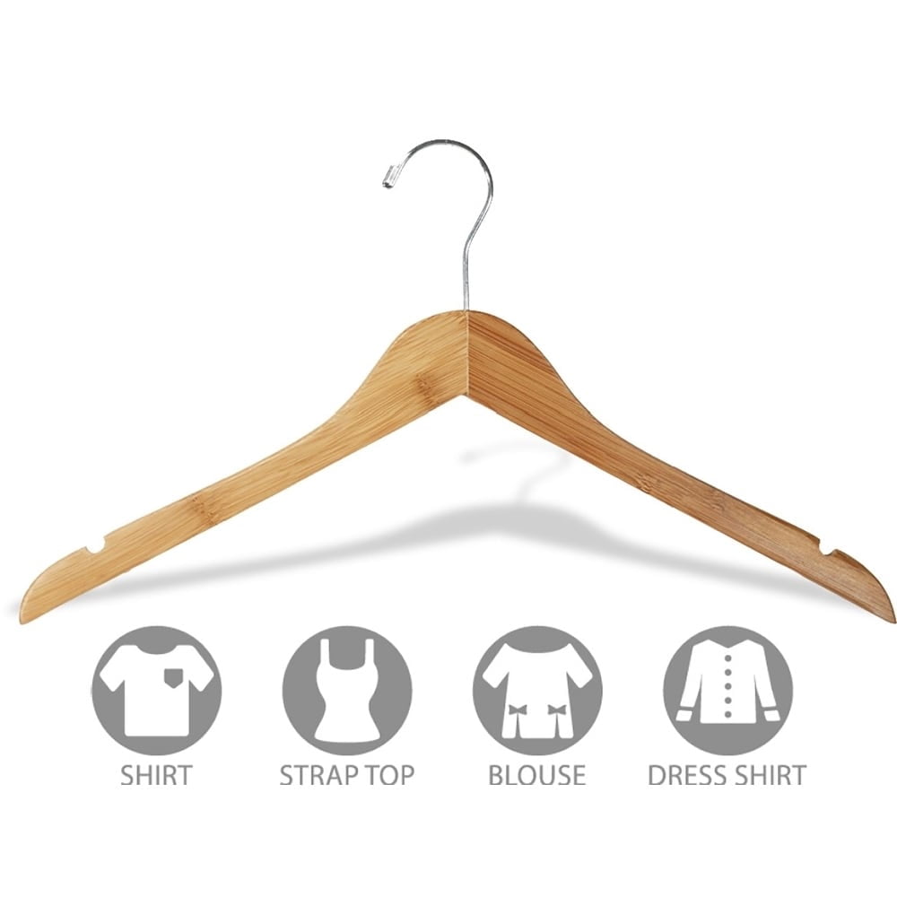 Bamboo Top Hanger, Box of 24 Eco-Friendly 17 Inch Flat Wooden Hangers w/ Lacquer Finish & Chrome Swivel Hook for Shirt Jacket or Blouse, by International Hanger