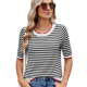 thumbnail image 3 of Camisas de Corta de Verano para Mujer, Suéter A Rayas, Lindas Blusas Casuales de Punto con Cuello Redondo A y Negro L, 3 of 9