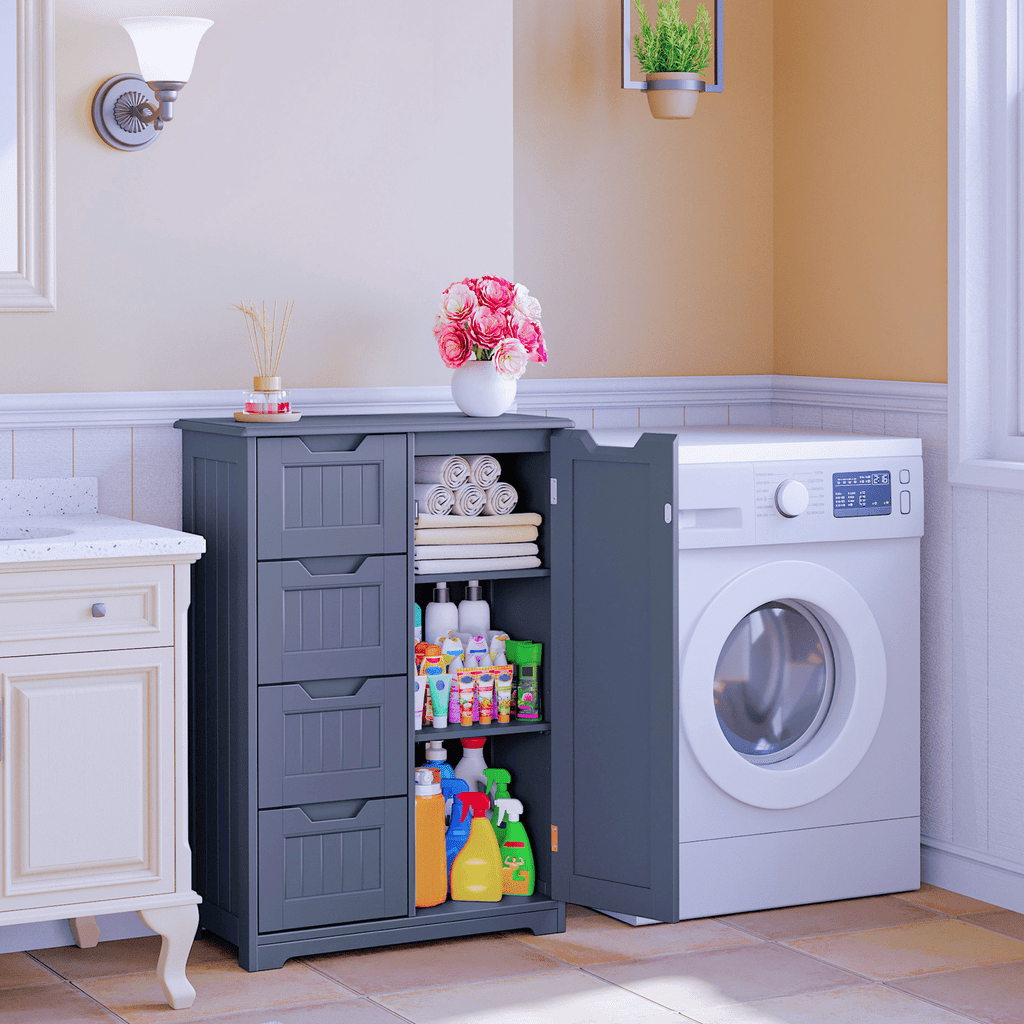 Aiho Wooden Kitchen Pantry Cabinet, 31.5"L Kitchen Storage Cabinets with 4 Drawers, 1 Door and Adjustable Shelves, For Kicchen, Dining Room, Livingroom, Bathroom - Gray