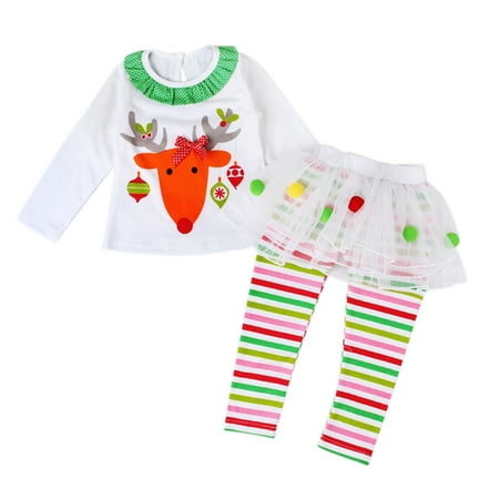 

Toddler Kids Girls Clothing Set Toddler Kids Baby Girls Deer T-Shirt Tops+Striped Tulle Tutu Pants Christmas Outfits Set Spring Clothing Set