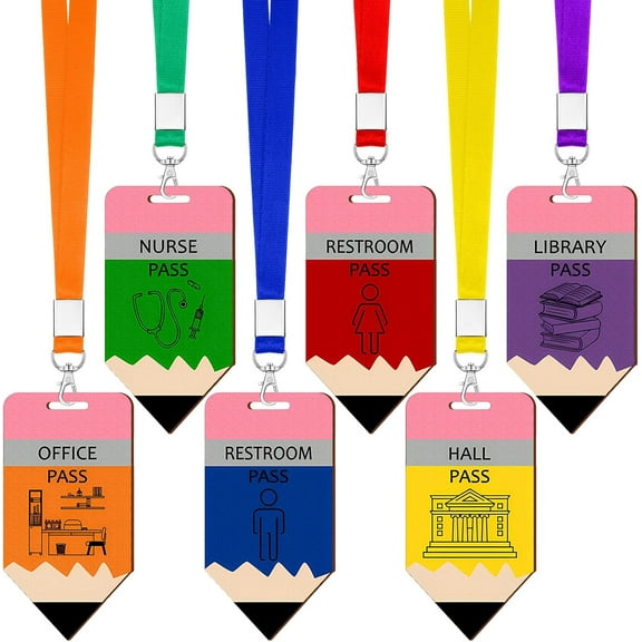 6 Sets Wooden Hall Passes for Classrooms Bathroom Passes Lanyards Classroom Must Haves for Restroom, Library, Office and Nurse School Teacher Supplies Gift(Multicolor,Pencil)