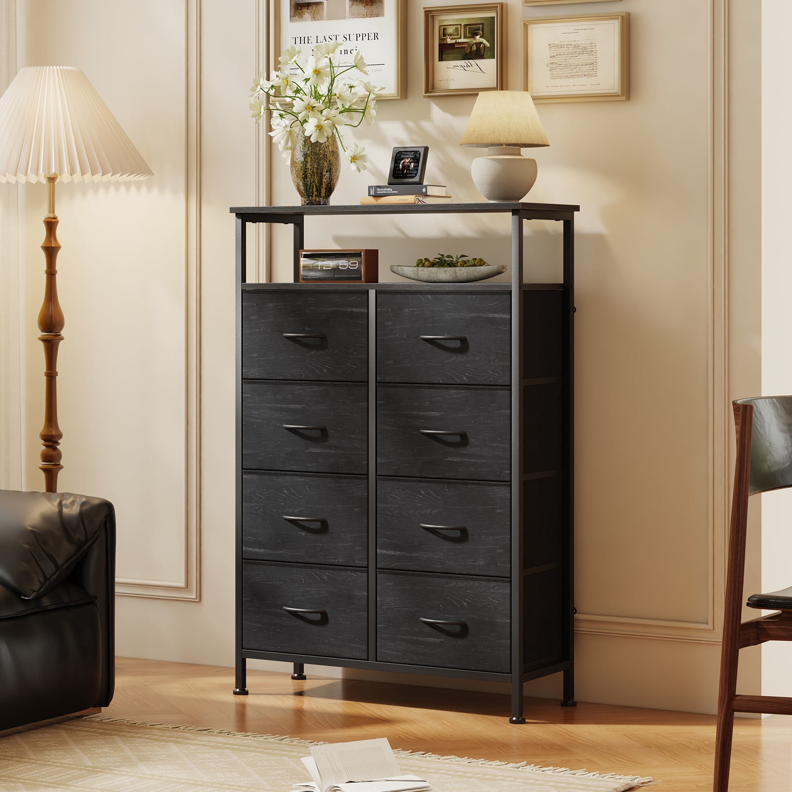 CONCETTA 8-Drawer Fabric Storage Cabinet with Open Shelf, 45.9-inch Tall for Bedroom, Living Room, All Ages, Wood Black, Wood Black