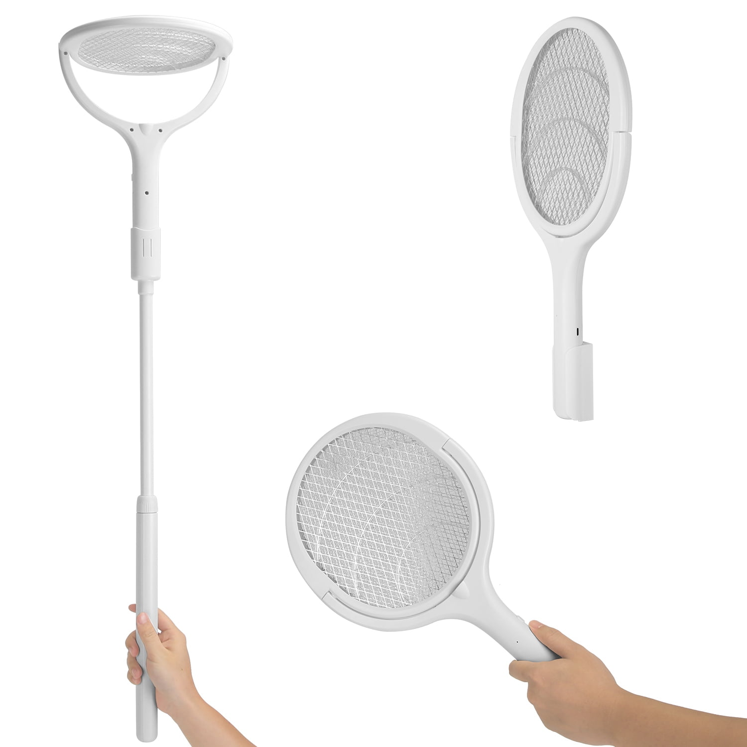 Imountek 3 in 1 Electric Bug Zapper Racket, 90º Rotating Hand Held Bug Zapper Wand with Telescopic Extension Wand for Indoor Outdoor, White