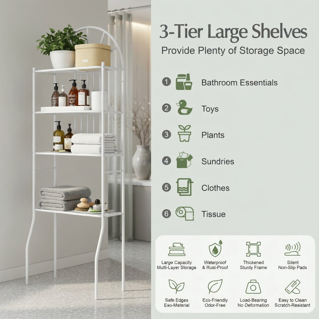 Hommoo Over-the-Toilet Bathroom Storage Rack, 3-Tier Heavy-Duty Iron Shelving Unit, Space-Saving Organizer for Toilets, Bathrooms & Small Spaces, White