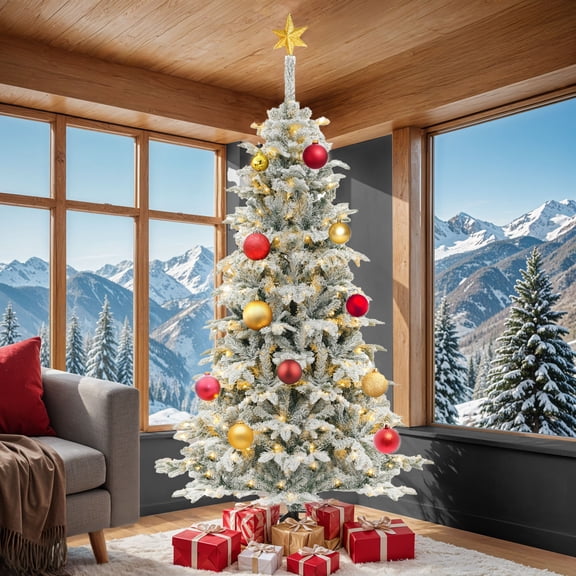 ModFusion 6.5ft Pre-Lit Snow Flocked Layered Christmas Tree with 760 Mixed Tips and 350 Lights