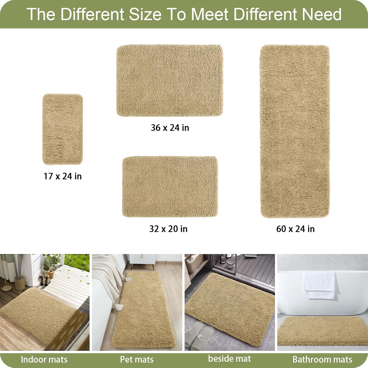 Luxury Long Bathroom Runner Rug, 24x60 Inch Thick Soft and Absorbent Non Slip Bath Mat, Rubber Backing Quick Dry Rugs Carpets, Machine Washable Plush Mats for Shower Floor, Beige