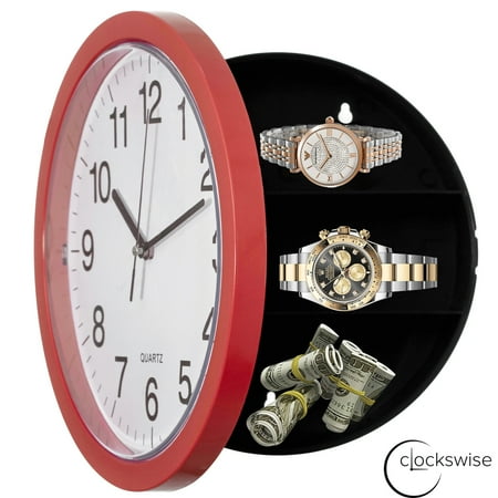 Clockswise 10-in Wall Mounted Clock with Hidden Storage Door Stylish Safe for Valuables Featuring Secret Interior Compartment - Diversion Box for Kitchen Living Room Decor and Home Organization Red