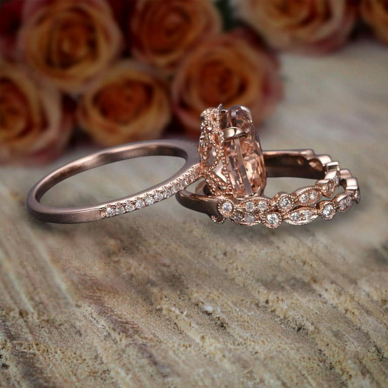 carat Morganite Diamond Trio Ring Set in 10k Rose Gold with