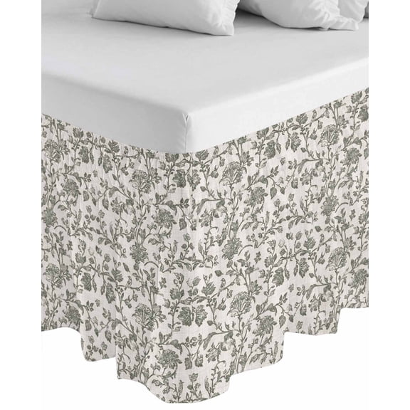 Sage Green Leaf Wrap Around Bed Skirts for King Bed 16" Drop,Bed Skirt with Adjustable Elastic Belt Dust Ruffle Bed Valance for Bedroom Hotel Retro Farmhouse Plant Floral Branch Bed Frame Cover