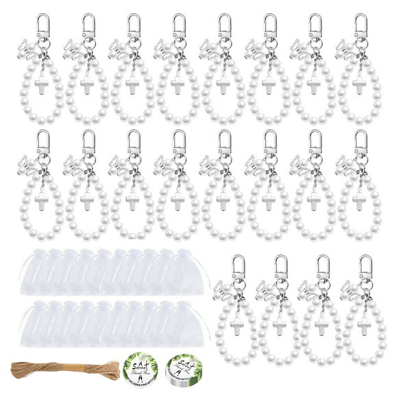 Bulk 20Sets Crosses Pearls Keychain Gifts For Family Friend Kids Wedding Baby Shower Party Favor In Organza Bags