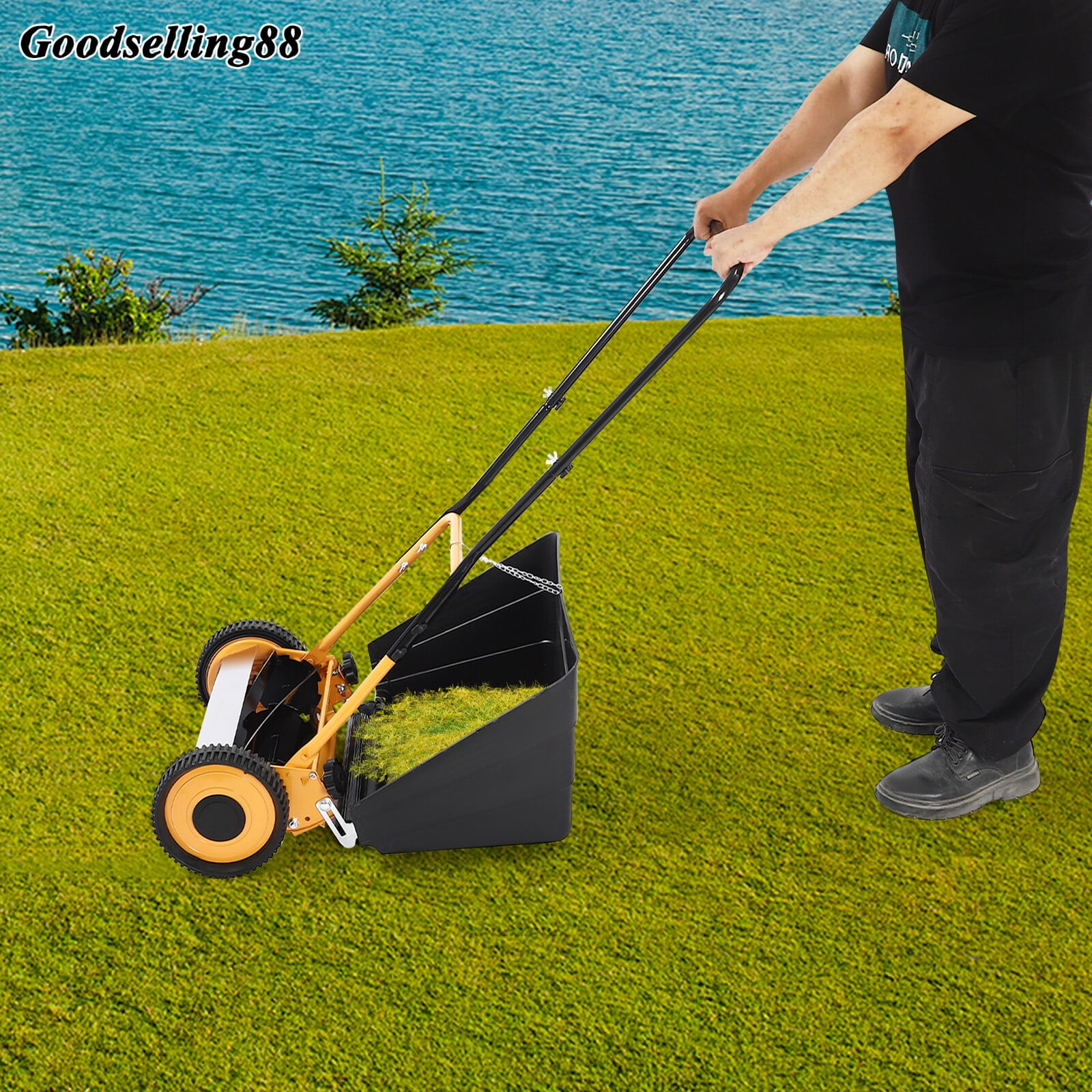 14inch 5-Blades Push Lawn Mower W/ 2 Wheels ,2 in 1 Manual Lawn Mower with Adjustable Height Lawn Mowing & Collecting for Villas, Homes, Backyards, Park Landscaping