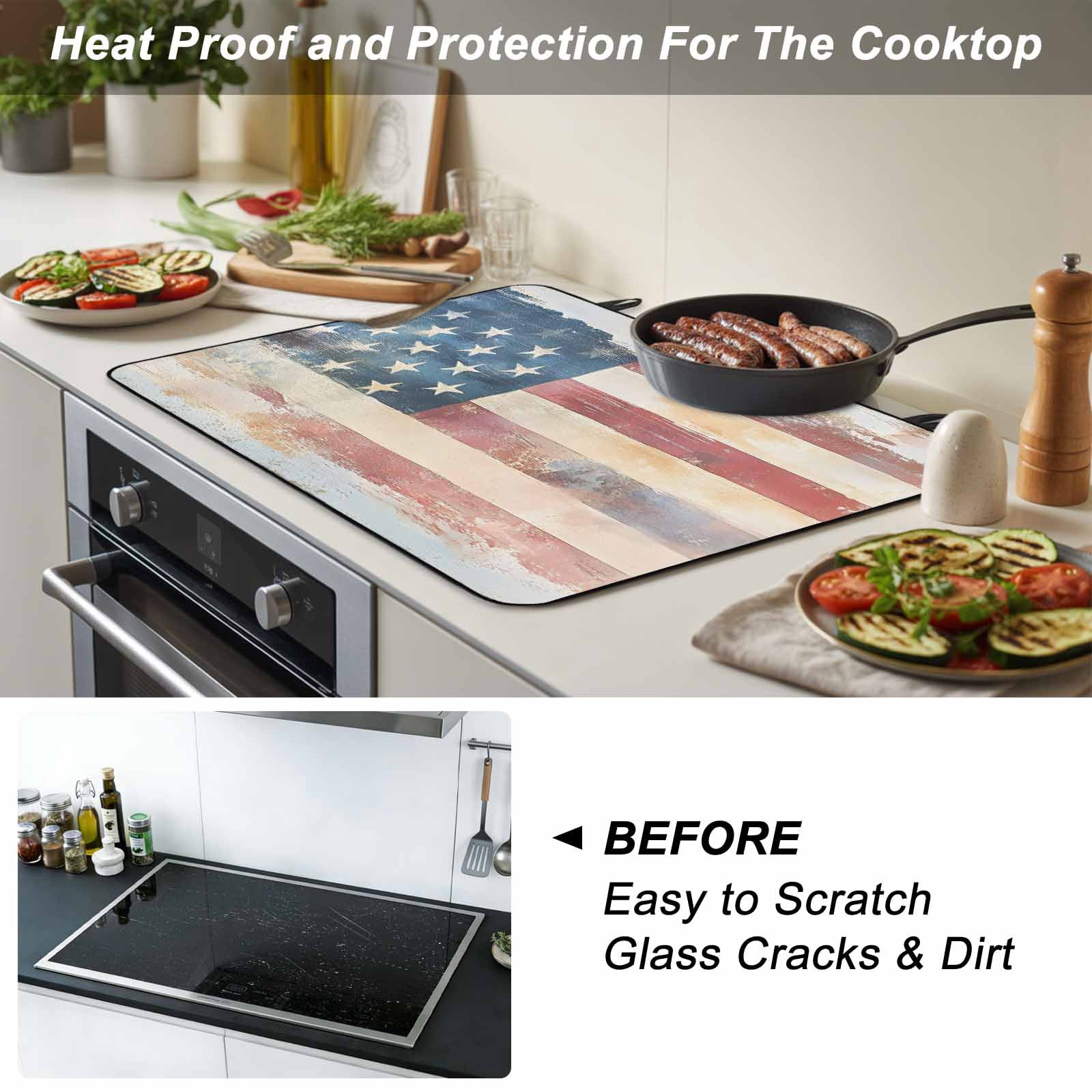 American Flag Stove Top Cover for Electric Stove, Heat-proof & Non Slip Glass Top Stove Cover Protector, Rustic Star Stripes USA Flag Retro Kitchen Flat Cooktop Rubber Mat 24x21 Inches