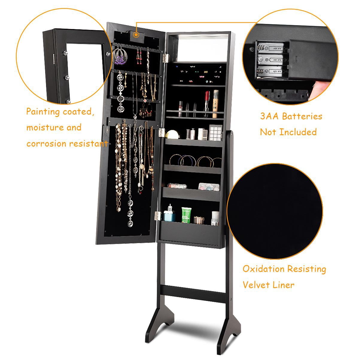 Giantex Jewelry Cabinet Box Armoire Organizer with 18 LED, Standing for Home Bedroom 16 Lipstick Holder 1 Inside Makeup Mirror Full Lights, Large Storage Mirrored Cabinets Jewelry Armoires (Black)