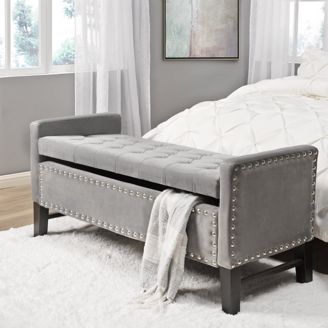 Inspired Home Megalan Velvet Storage Bench Button Tufted Silver Nailhead Trim Modern, Light Grey