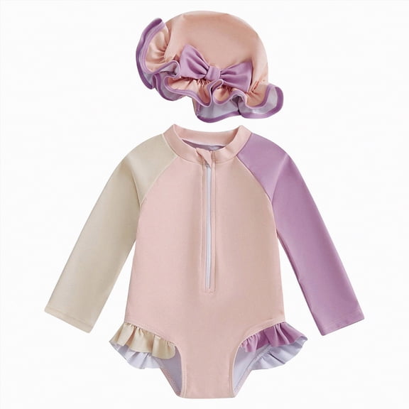 TOWED22 Baby Girls Swimsuit Drawstring Zip Bathing Suit Long Sleeve One-Piece Rash Guard Swimwear for Infant Girl Pink,100