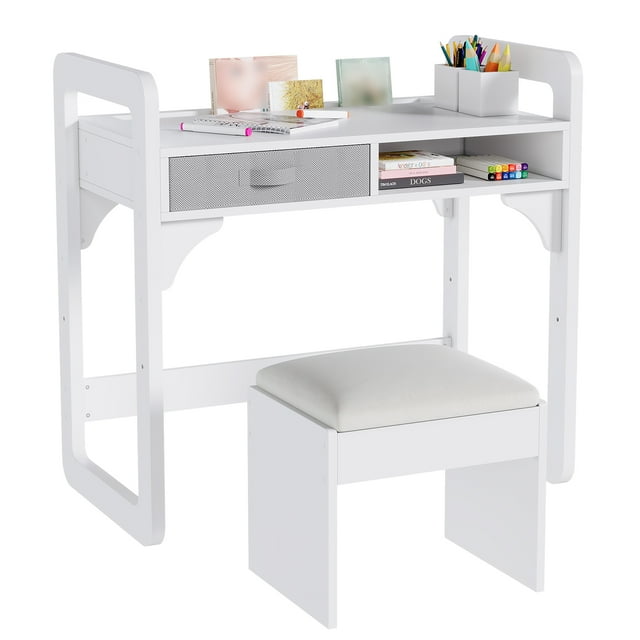 Kids Desk and Chair Set, Wood Study Desk with Chair, Height Adjustable Student Writing Table with Drawers & Pen Holder for Bedroom, Study Room