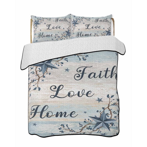 Twin Quilt Bedding Set, Vintage Farmhouse Reversible Summer Quilt 3 Pieces, Blue Country Texas Star Vines Wooden Lightweight Bedspreads Coverlets with 2 Pillow Shams for All Seasons