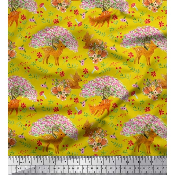 Soimoi Moss Georgette Fabric Tree,Floral & Deer Animal Printed Fabric 1 Yard 42 Inch Wide